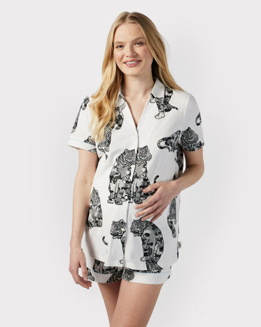Maternity Organic Cotton Lotus Tiger Print Short Pyjama Set - Cream